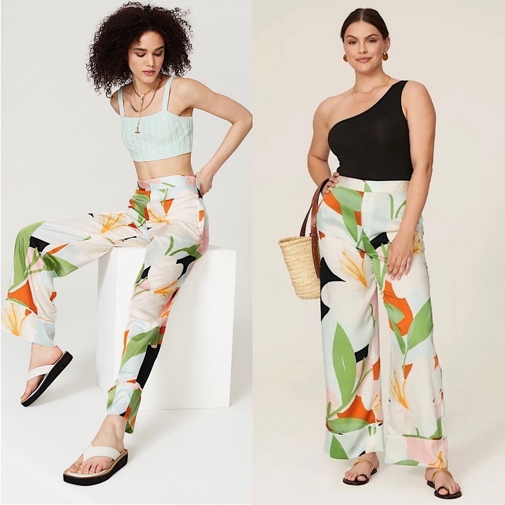 GREAT JONES Tropical‎ Floral Print Satin Twill High Rise Wide Leg Trousers 14